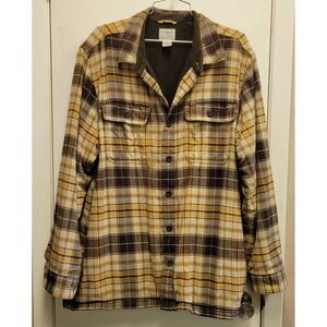 L.L. Bean flannel yellow and brown Button Up sherpa fleece line men's size large